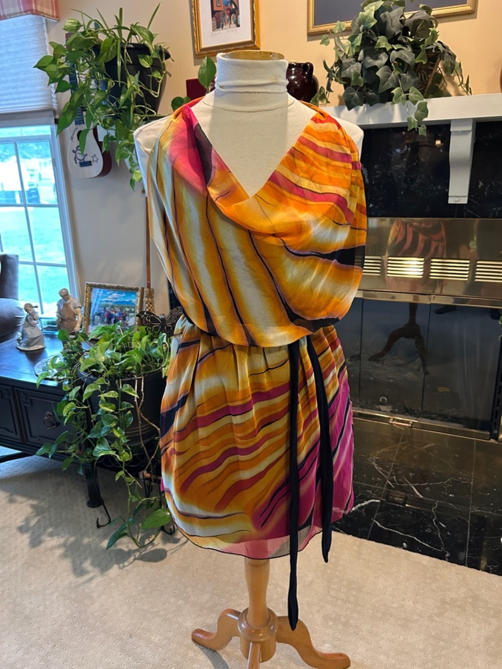 Sleeveless Mini Dress in Pink, Orange & Yellow Wave Print